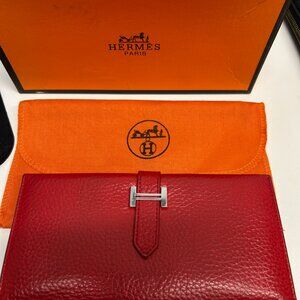 Vintage Hermès Bearn Verso Tri Fold Wallet Rouge Casaque Flamingo